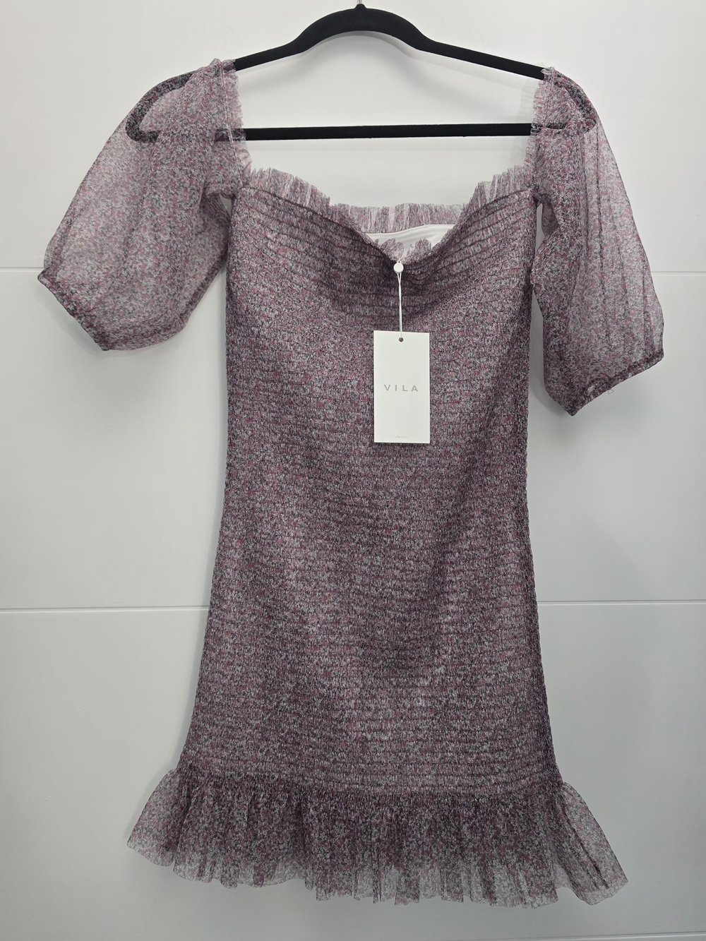 VILA Smock Dress NWT Sz 34 US 2 4 Floral Misty Rose Off Shoulder Ruffle Mini